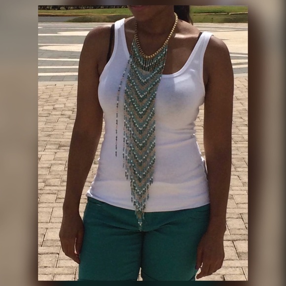 Gold, Turquoise, and White Beaded Necklace - Picture 5 of 5